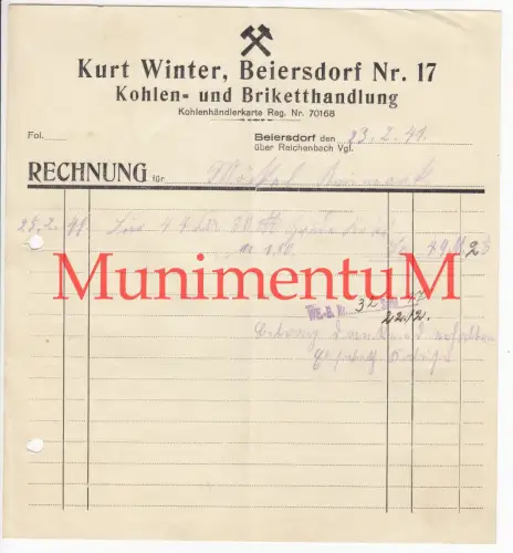 Kohlen- & Briketthandlung Kurt Winter BEIERSDORF über REICHENBACH Rechnung 1941