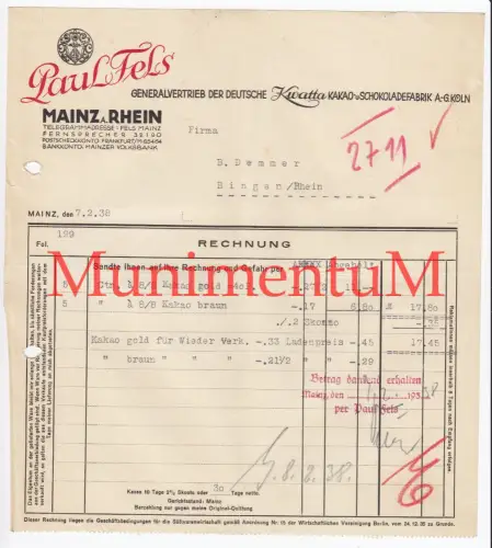 Kwatta Kakao- & Schokoladenfabrik AG KÖLN Paul Fels MAINZ Rechnung 1938 BINGEN