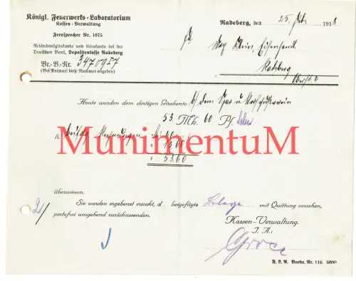 Königl. Feuerwerks-Laboratorium RADEBERG | Rechnung 1918