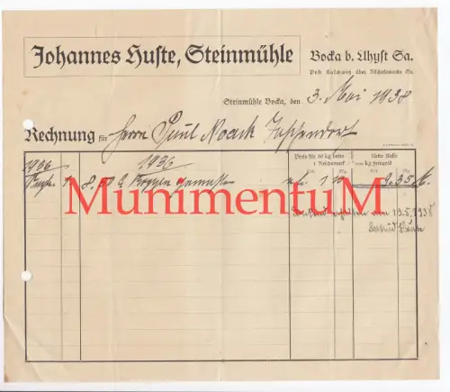 Johannes Huste, STEINMÜHLE, BOCKA bei UHYST Rechnung Reklame Briefbogen 1938