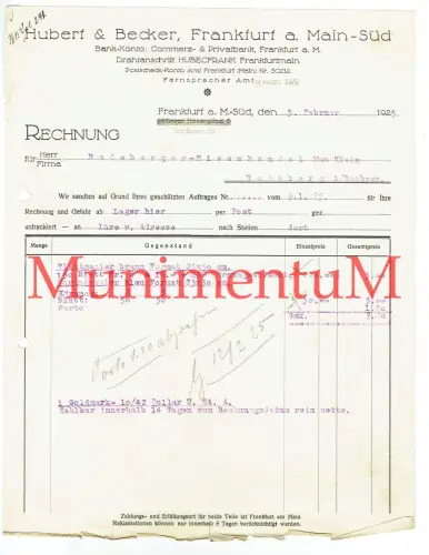 Hubert & Becker FRANKFURT AM MAIN | Rechnung 1925