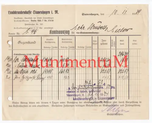 Landkrankenkasse STAVENHAGEN i. Mecklenburg Kontoauszug Rechnung Briefbogen 1934