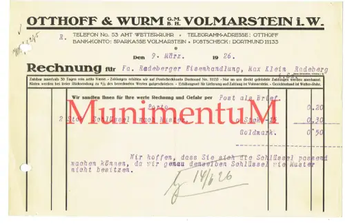 Ottohoff & Wurm GmbH VOLKMARSTEIN i. Westfalen, Amt Wetter-Ruhr - Rechnung 1926