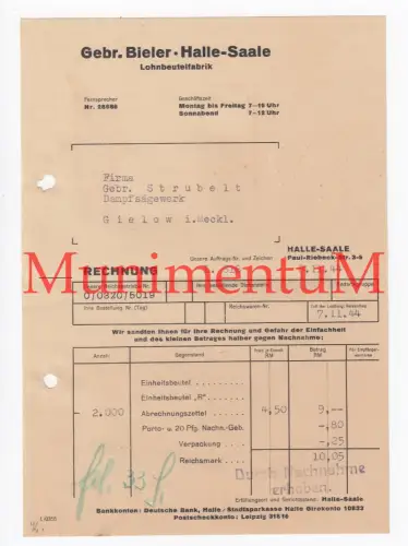 Lohnbeutelfabrik Gebr. Bieler HALLE / SAALE - Rechnung Offerte Reklame 1944