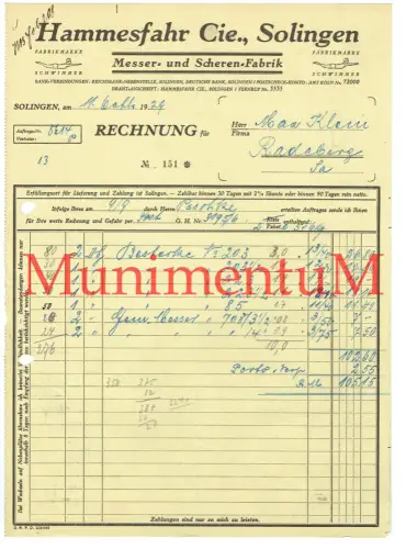 Messer- & Scherenfabrik Hammesfahr Cie. SOLINGEN Fabrikmarke | Rechnung 1929