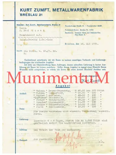 Metallwarenfabrik Kurt Zumft BRESLAU in SCHLESIEN Offerte Werbung Reklame 1933