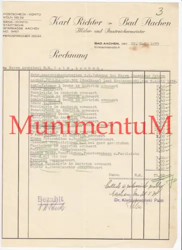 Maler- & Anstreichermeister Karl Richter BAD AACHEN - Rechnung 1933