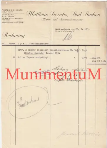 Maler- & Anstreichermeister Matthias Derichs BAD AACHEN - Rechnung 1934