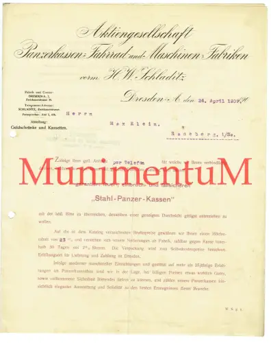 Panzerkassen- Fahrrad- Maschinenfabrik Schladitz DRESDEN Offerte 1907 p. Telefon