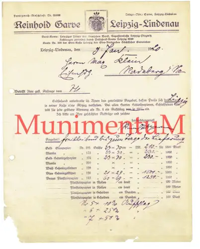 Papierfabrik Reinhold Garve LEIPZIG-LINDENAU | Rechnung 1920 nach Radeberg