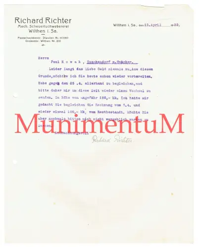 Mechanische Scheuertuchweberei Richard Richter WILTHEN | Rechnung Mahnung 1930