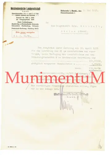 Mecklenburgische Landgesellschaft SCHWERIN - Rechnung 1933 GIELOW BREDENFELDE