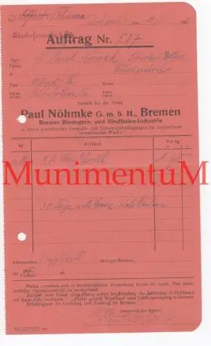 P. Nöhmke Bindegarn Bindfaden-Industrie BREMEN , TASCHENDORF - Rechnung 1925?