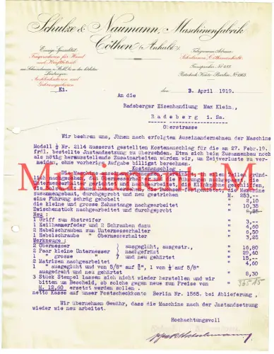 Maschinenfabrik Schulze & Naumann CÖTHEN KÖTHEN Anhalt - Kostenanschlag 1919
