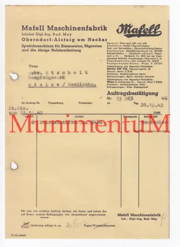 Mafell Maschinenfabrik OBERNDORF - AISTAIG am Neckar Rechnung Werbung 1942