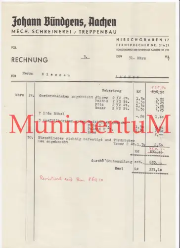Mechanische Schreinerei & Treppenbau Johann Bündgens AACHEN - Rechnung 1937