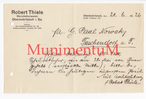 Manufakturwaren Robert Thiele OBERBOBRITZSCH, FREIBERG i. Sachsen, Rechnung 1926
