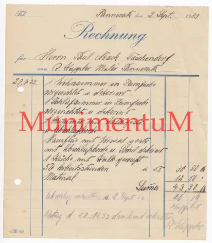 Maler Kappler PANNEWITZ Rechnung Offerte Briefbogen Reklame Werbung 1933