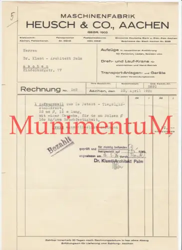 Maschinenfabrik Heusch & Co. AACHEN gegr. 1903 - Rechnung 1936 Seil aus Patent