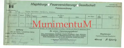 Magdeburger Feuerversicherungs Gesellschaft ROSTOCK Prämienrechnung 1937 MALCHIN