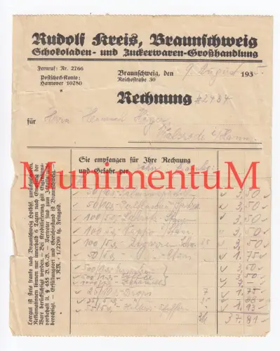 Scholoaden- & Zuckerwaren-Großhandlung R. Kreis BRAUNSCHWEIG - Rechnung 1935
