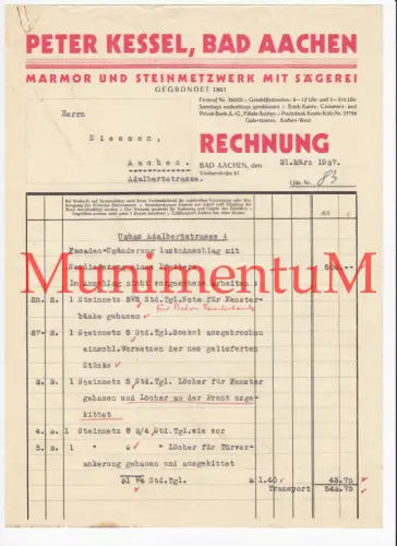 Peter Kessel Marmor & Steinmetzwerk + Sägerei BAD AACHEN - Rechnung 1937 Niessen