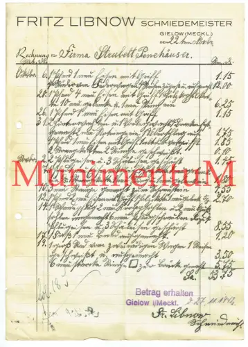 Schmiedemeister F. Libnow GIELOW i. Mecklenburg - Rechnung Briefbogen 1942