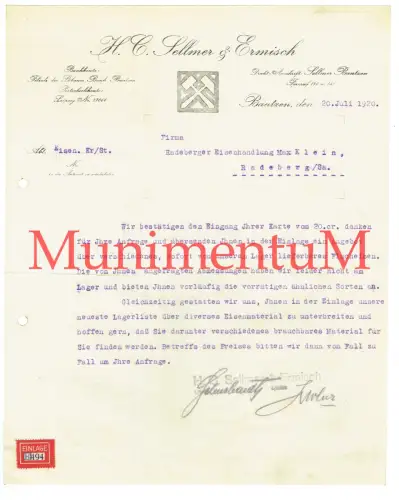 Sellmer & Ermisch BAUTZEN - Briefbogen Schreiben 1920 Reklame Aufkleber