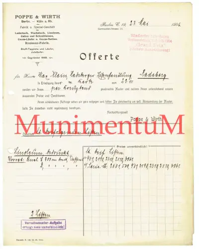 Poppe & Wirth BERLIN Weltausstellung St. Louis 1904 Rixd. Linoleum, Offerte 1906