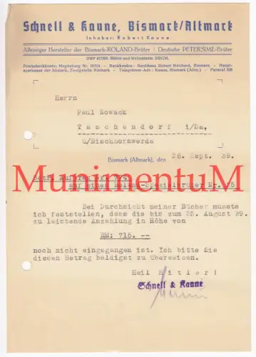 Schnell & Kaune BISMARCK / BISMARK Altmark - Mahnung Rechnung Briefbogen