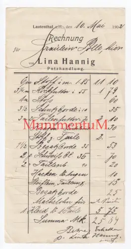 Putzhandlung Lina Hannig LAUTENTHAL a/H Rechnung 1902 Autograph Krs. LANGELSHEIM