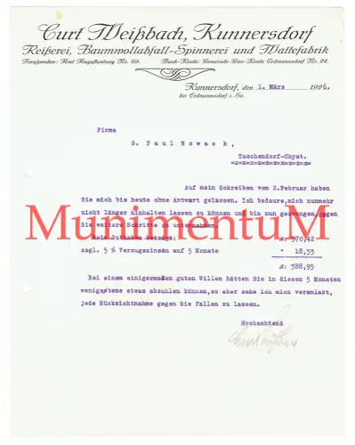 Reißerei Wattefabrik Curt Weißbach KUNNERSDORF bei ERDMANNSDORF Rechnung 1926