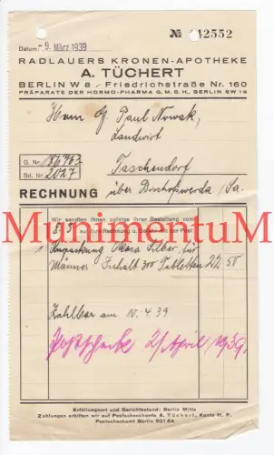 Radlauers Kronen-Apotheke A. Tüchtert BERLIN , Hormo-Pharma GmbH - Rechnung 1939