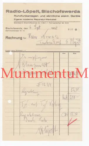 Rundfunkanlagen Radio elektr. Geräte Löpelt BISCHOFSWERDA | Rechnung 1938