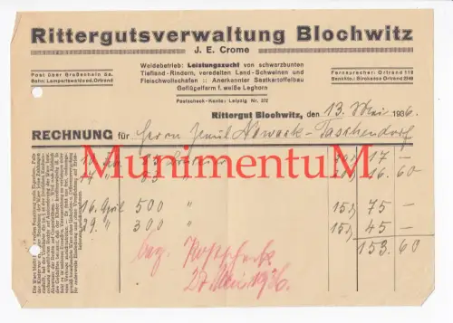 Rittergut Rittergutsverwaltung BLOCHWITZ Crome Leistungszucht | Rechnung 1936