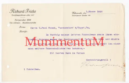 Richard Fricke CHEMNITZ Textilmaschinen aller Art - Mahnung Rechnung 1926