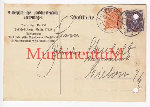 Ritterschaftliche Landkrankenkasse STAVENHAGEN - Abrechnung Postkarte 1923