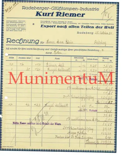 Raderberger Glühlampen-industrie Kurt Riemer | Export weltweit - Rechnung 1921