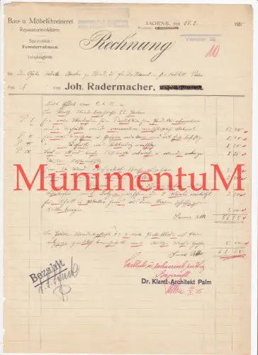 Reparaturwerkstätte Fensterrahmen Schreinerei Radermacher AACHEN - Rechnung 1935
