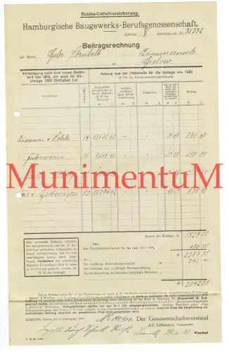 Reichs-Unfallversicherung Baugewerks-Berufgenossenschaft HAMBURG Heberolle 1920
