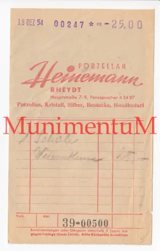 Porzellan-Schau Heinemann RHEYDT - Rechnung Quittung Reklame Werbung 1954