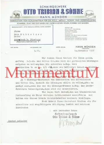 Schmirgelwerk Otto Tribian & Söhne Hann. Münden Schreiben 1937 #69