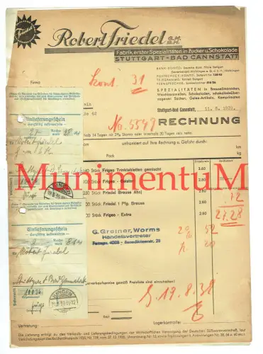 Robert Friedel STUTTGART BAD CANNSTATT 1939 Rechnung Anschreiben Einlieferungss.