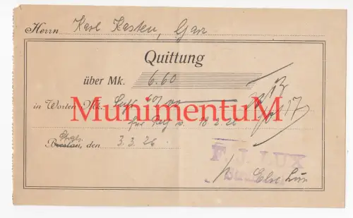 Quittung 1926 F.J. Lux (offenbar aus BRESLAU) zu STRALSUND für Herrn Kasten GARZ