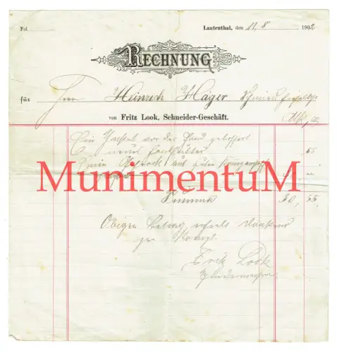 Schneider-Geschäft Look LAUTENTHAL b. SEESEN - Rechnung Briefbogen Reklame 1902