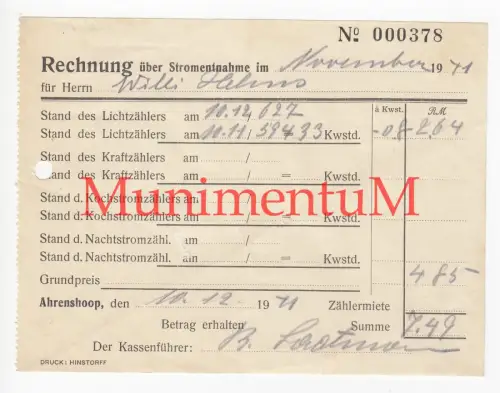 Rechnung über Stromentnahme AHRENSHOOP - Willi Helms November 1941