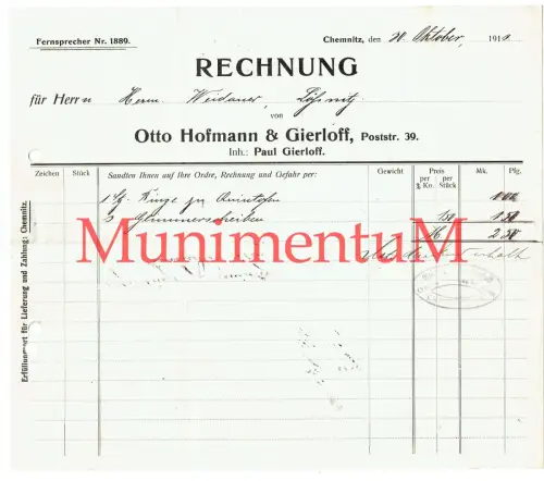Rechnung Otto Hofmann & Gierloff CHEMNITZ 1913 Lössnitz R247