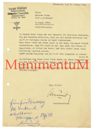 Rechtsbeistand Hugo Müller OTTWEILER 1943 - Schreiben an Bildhauer aus ILLINGEN