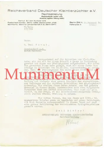 Reichsverband Deutscher Kleintierzüchter BERLIN - Schreiben Rechtsabteilung 1934