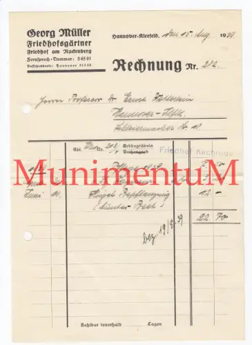 Rechnung '39 Friedhofsgärtner KLEEFELD Friedhof KIRCHRODE Prof ERNST VETTERLEIN!